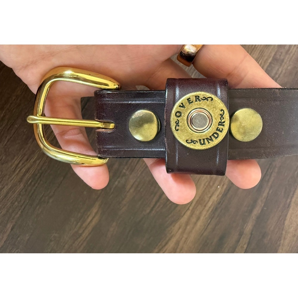Over Under Kids Brown Leather Shotgun Shell Brass Buckle Belt Made in USA 28" - Picture 4 of 7
